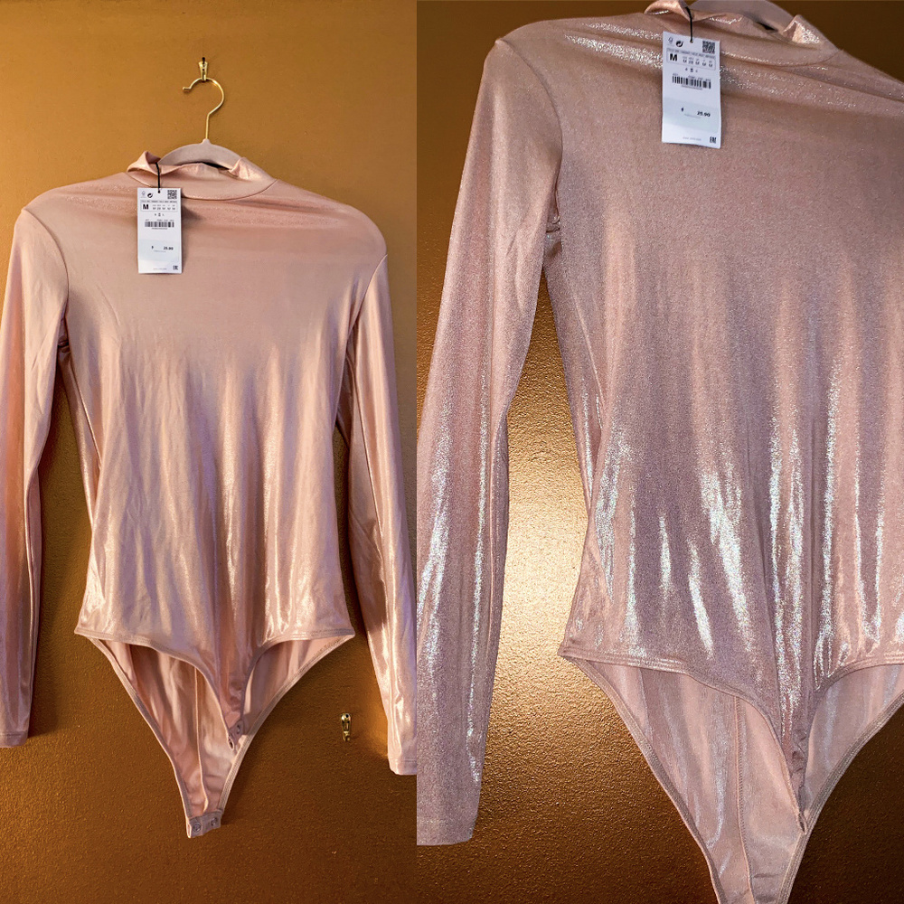 ZARA Shiny Lamé Long Sleeve Bodysuit Top Rose Gold